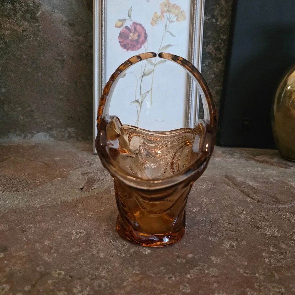 Vintage Tiara Indiana Glass Peach Empress Bird of Paradise Basket Candy Dish 7in